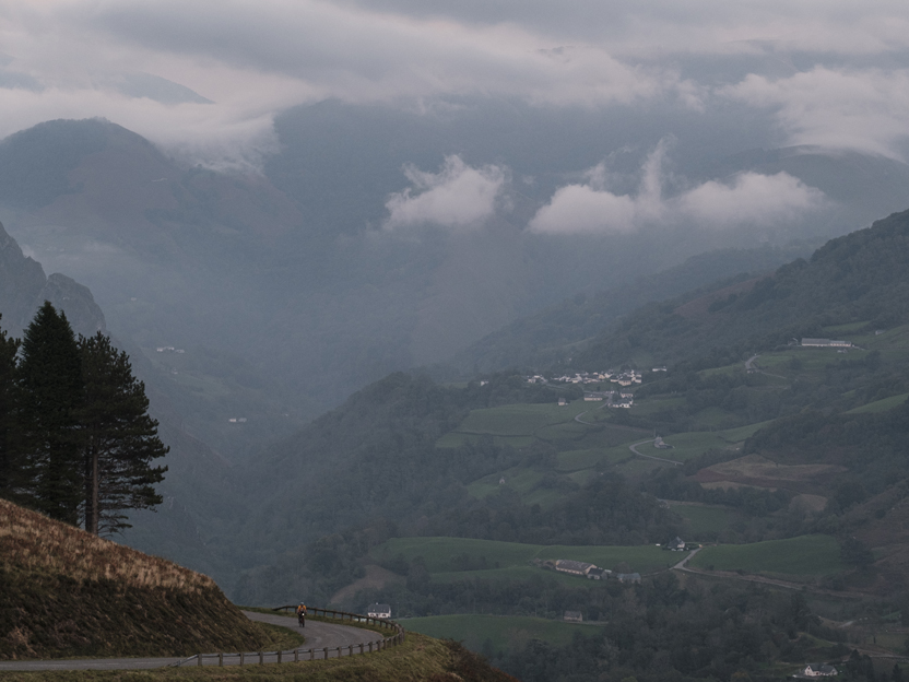 Riding down hill on a SHIMANO road bike in Europe