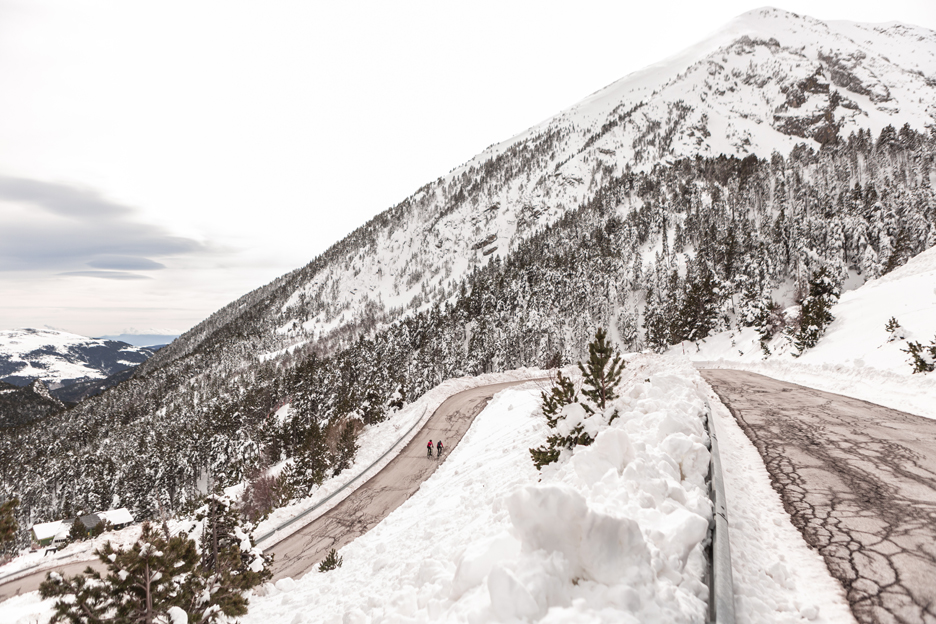 Riding up the snowy mountain tops of the Pyrenees in Europe